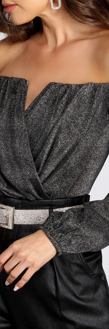 Dress up in Off The Shoulder Glitter Knit Bodysuit as your going-out dress for holiday parties, an outfit for NYE, party dress for a girls’ night out, or a going-out outfit for any seasonal event!