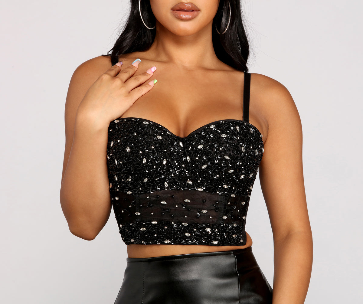 Moonlight Moments Rhinestone Bustier Crop Top (Black)