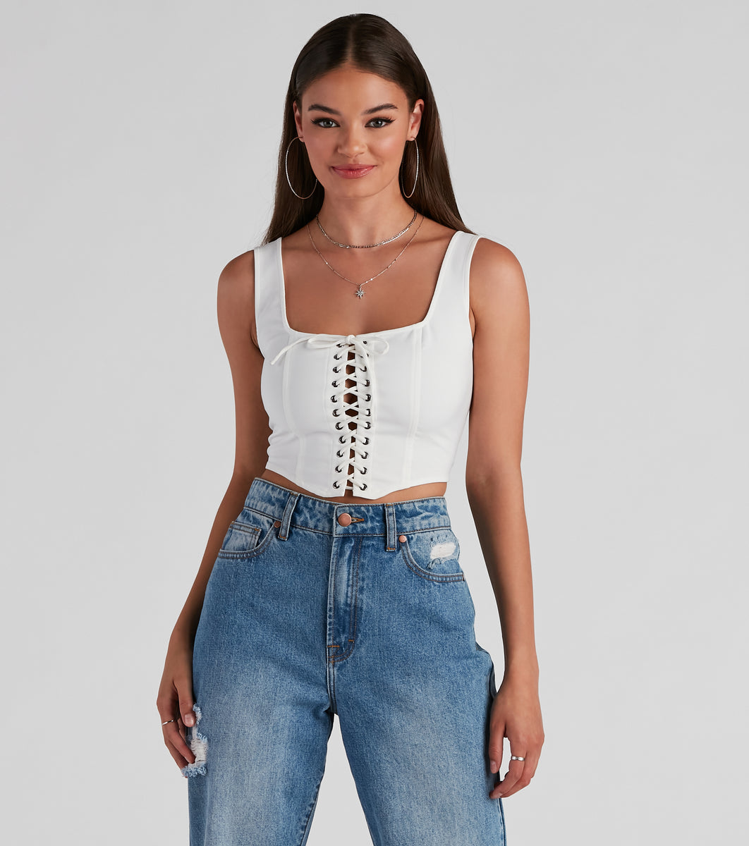 Lace up Lien corset over basic shirt with Alex track pants - KLuK CGDT