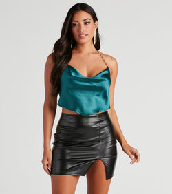 Haute Nights Satin Chain Strap Top creates the perfect New Year’s Eve Outfit or new years dress with stylish details in the latest trends to ring in 2023!