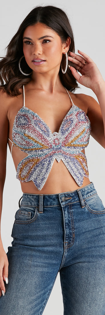 With fun and flirty details, Mystical Glam Butterfly Glitter Crop Top shows off your unique style for a trendy outfit for the summer season!