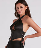 The waist-defining bodice style of the Not Over Satin Halter Corset Top is perfect for making a statement with your outfit and provides the boning, molded cups, or lace-up details that capture the corset trend.