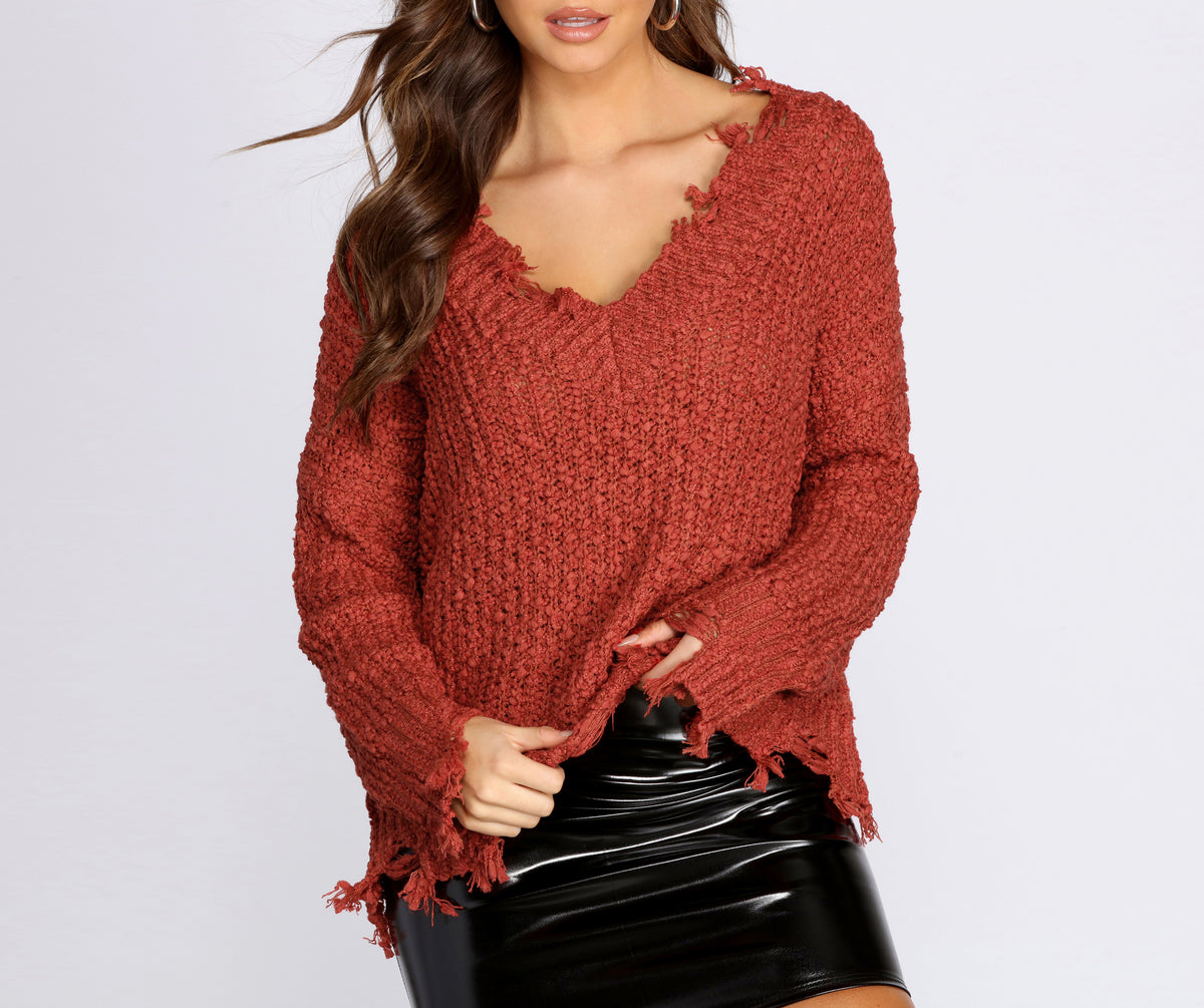 Metal Detail V-Neck Cinched Waist Sweater