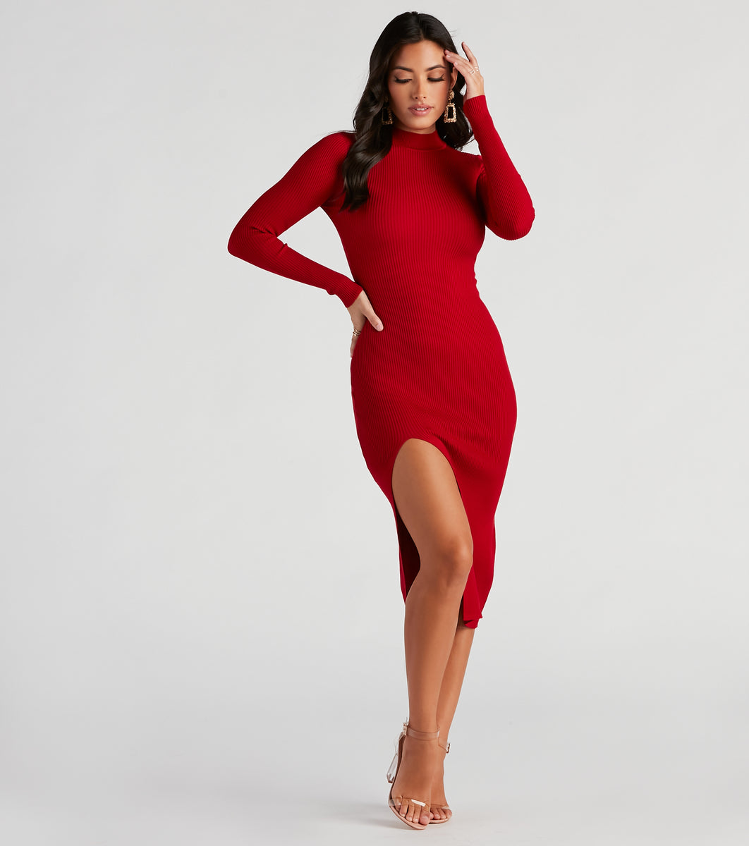 Basic Ribbed Knit High Slit Midi Dress | Windsor