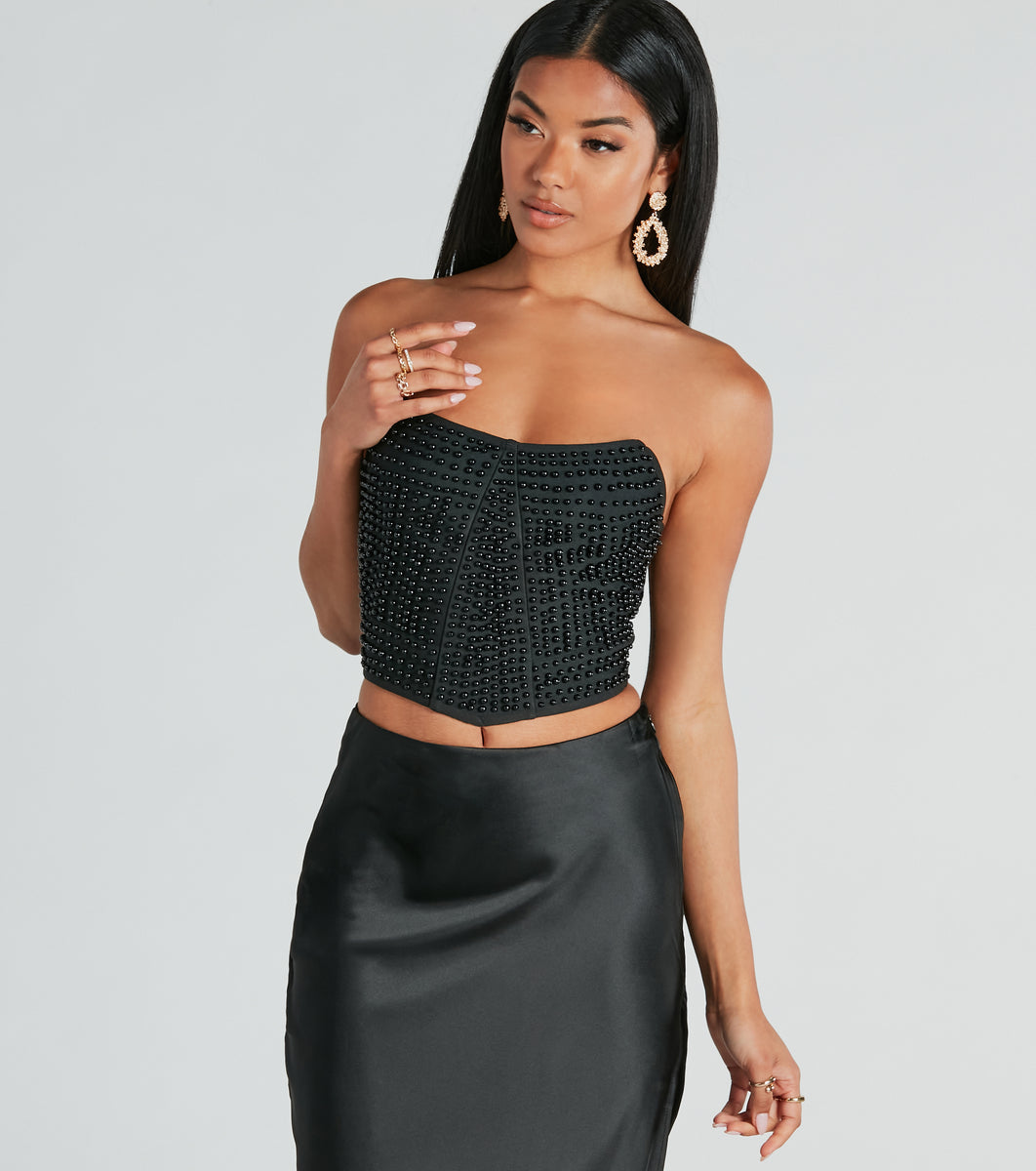 Utterly Radiant Faux Pearl Bandage Crop Top | Windsor