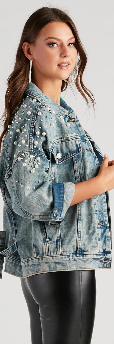 Perfect Pick Pearl And Rhinestone Denim Jacket helps create the best summer outfit for a look that slays at any event or occasion!