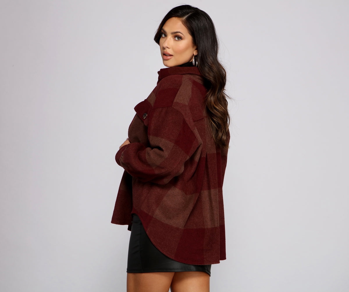 Plaid Lined Corduroy Flannel Shacket - Burgundy