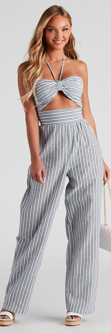 Seasonal Stripe Halter Linen Jumpsuit provides a stylish start to creating your best summer outfits of the season with on-trend details for 2023!