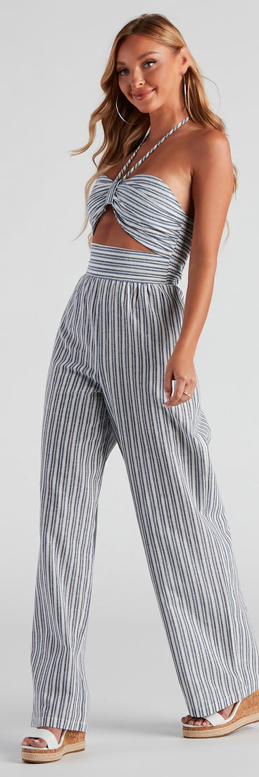 Seasonal Stripe Halter Linen Jumpsuit provides a stylish start to creating your best summer outfits of the season with on-trend details for 2023!