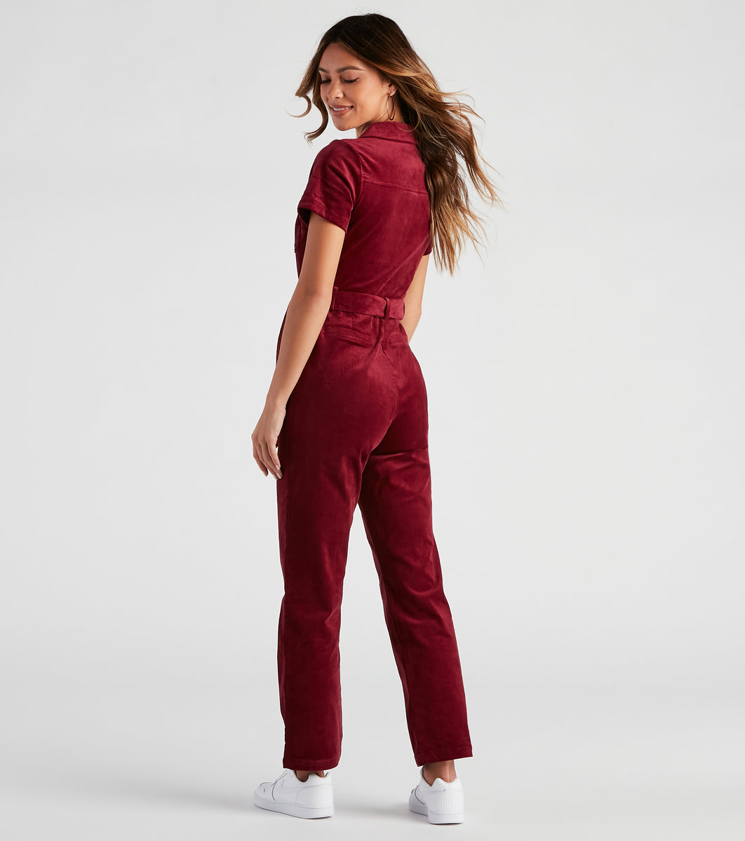 Casual Loose Vintage Corduroy Elastic Waist Zipper Jumpsuit