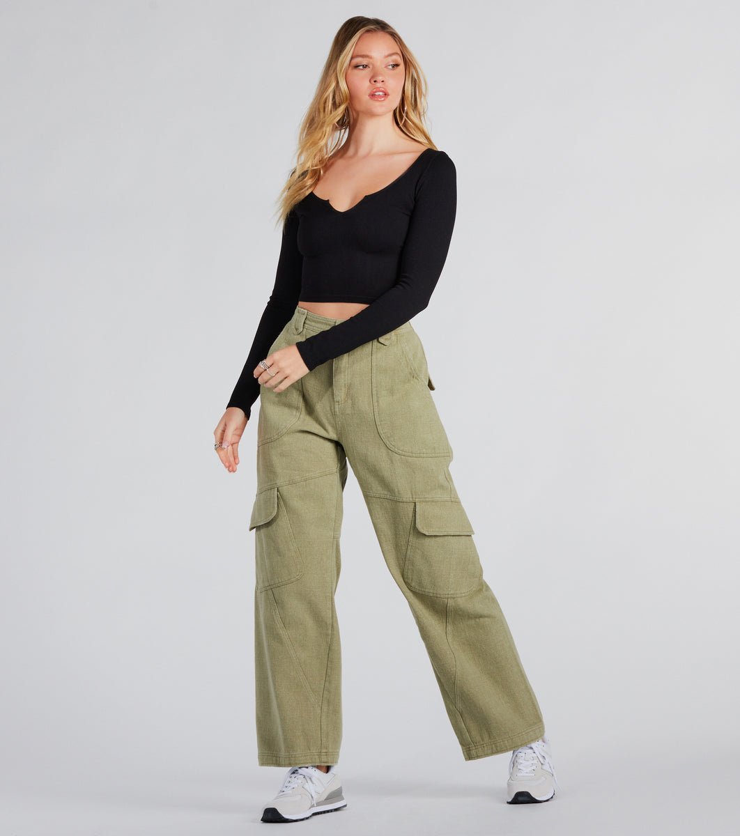 Cargo Pants for Women Dressy Casual Stretch Twill Cropped Wide Leg