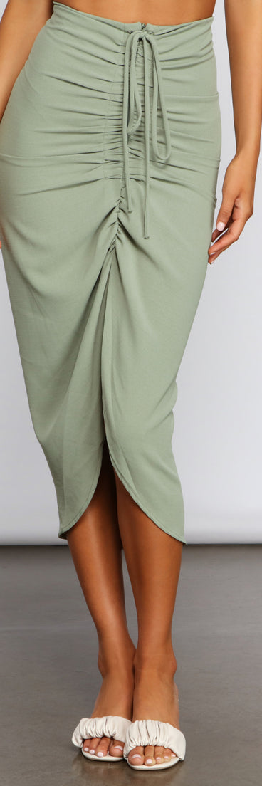 High-Rise Drama Ruched Midi Skirt provides a stylish start to creating your best summer outfits of the season with on-trend details for 2023!