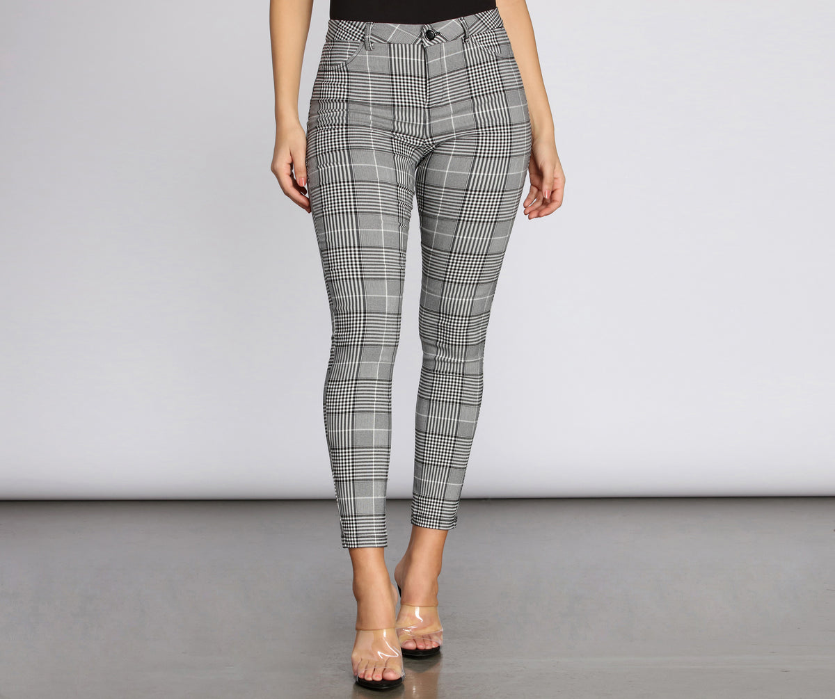 Grey Plaid Pants Women High Rise Plaid Skinny Pants Windsor