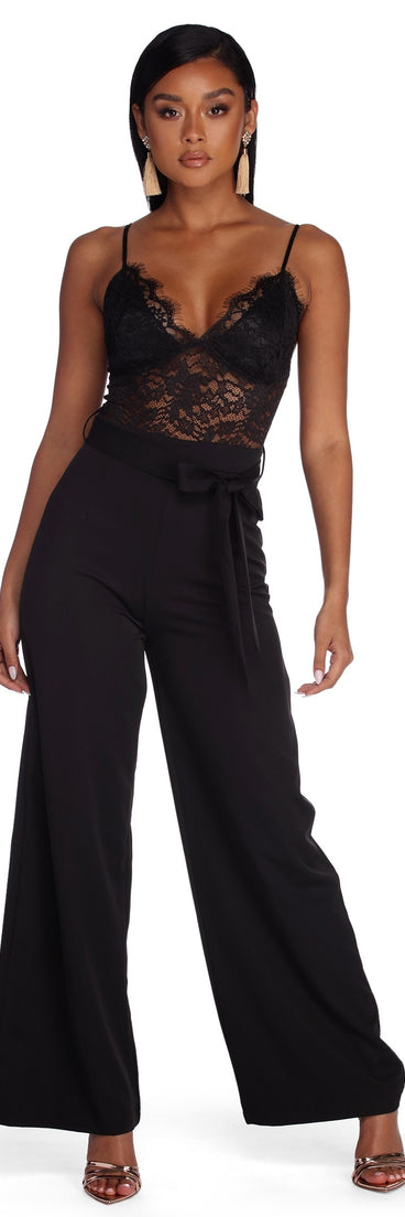Sultry Lace Top Jumpsuit will help you dress the part in stylish holiday party attire, an outfit for a New Year’s Eve party, & dressy or cocktail attire for any event.