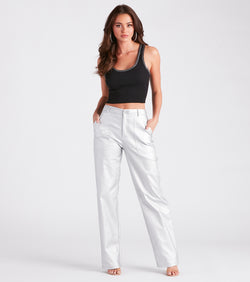 Space Glam Coated Faux Leather Cargo Pants is a fire pick to create a concert outfit, 2024 festival looks, outfits for raves, or to complete your best party outfits or clubwear!