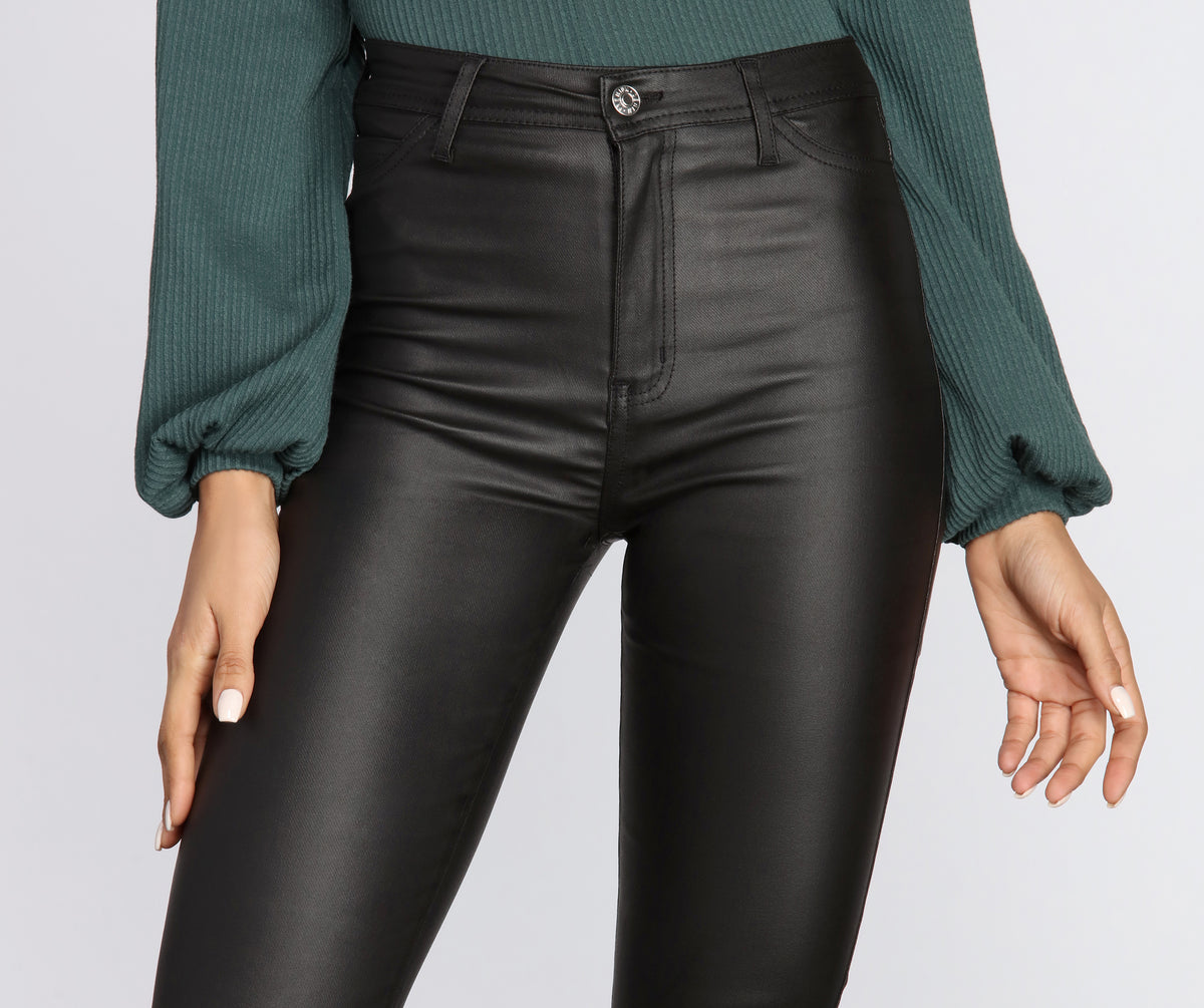 High Rise Coated Faux Leather Skinny Pants