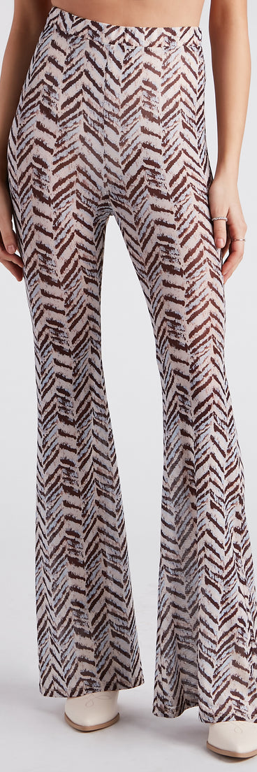 Cute In Chevron Print Mesh Flare Pants is a fire pick to create a concert outfit, 2024 festival looks, outfits for raves, or to complete your best party outfits or clubwear!