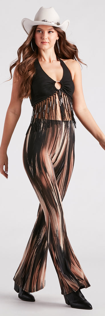 Festival Muse Printed Flare Pants is a fire pick to create a concert outfit, 2024 festival looks, outfits for raves, or to complete your best party outfits or clubwear!
