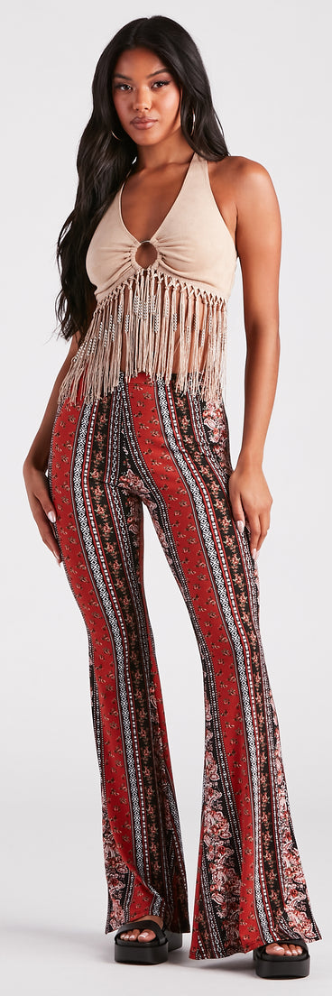 Fun And Free Boho High-Rise Flare Pants is a fire pick to create 2023 festival outfits, concert dresses, outfits for raves, or to complete your best party outfits or clubwear!