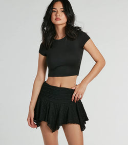 The mini skirt length on the Alluring Flirt High-Rise Lace Mini Skort adds a sultry detail to your going-out outfits or everyday looks.