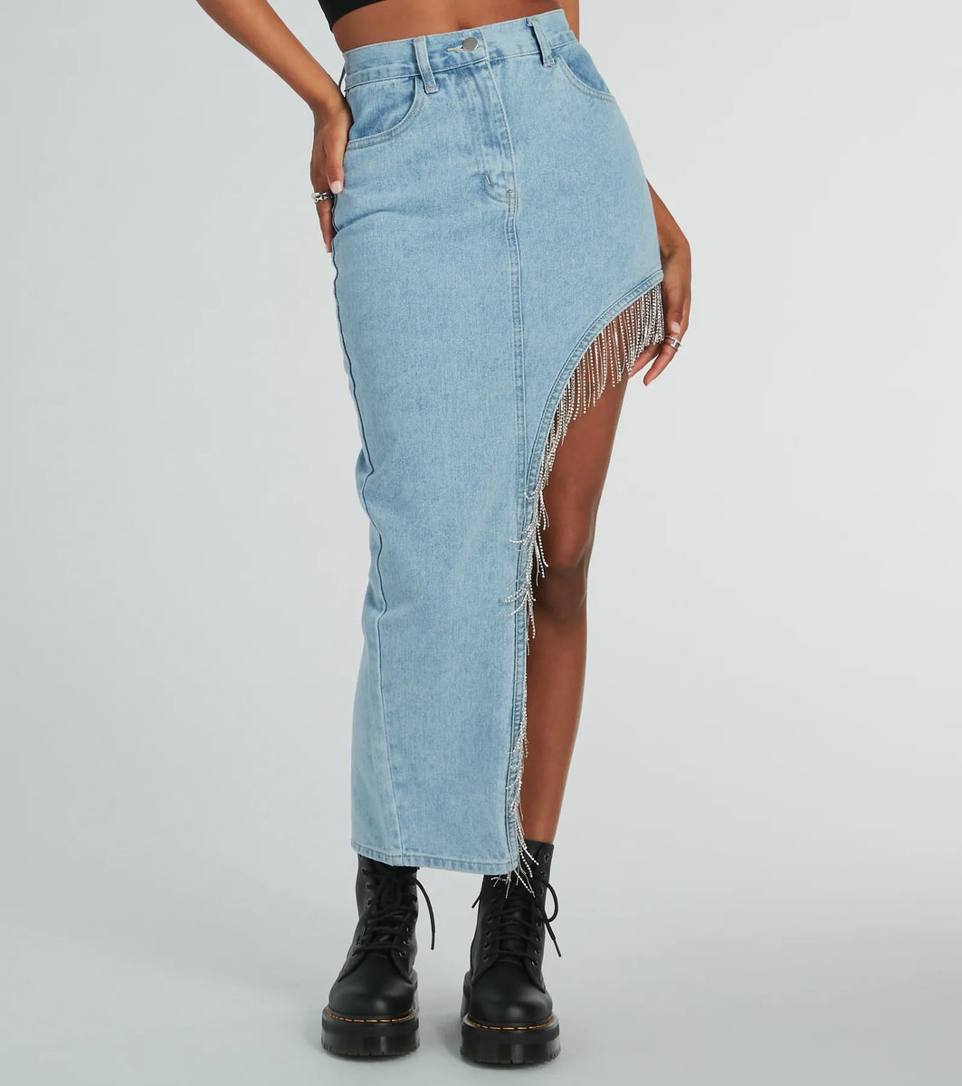 【Raucohouse】Freewheeling denim fringe midi skirt Glitzy Rhinestone Fringe High Slit Denim Maxi Skirt | Windsor