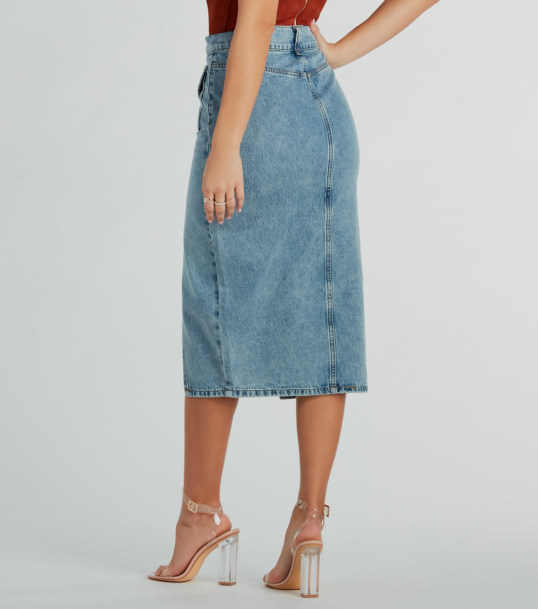 Iconic Trendsetter High Rise Slit Denim Midi Skirt | Windsor