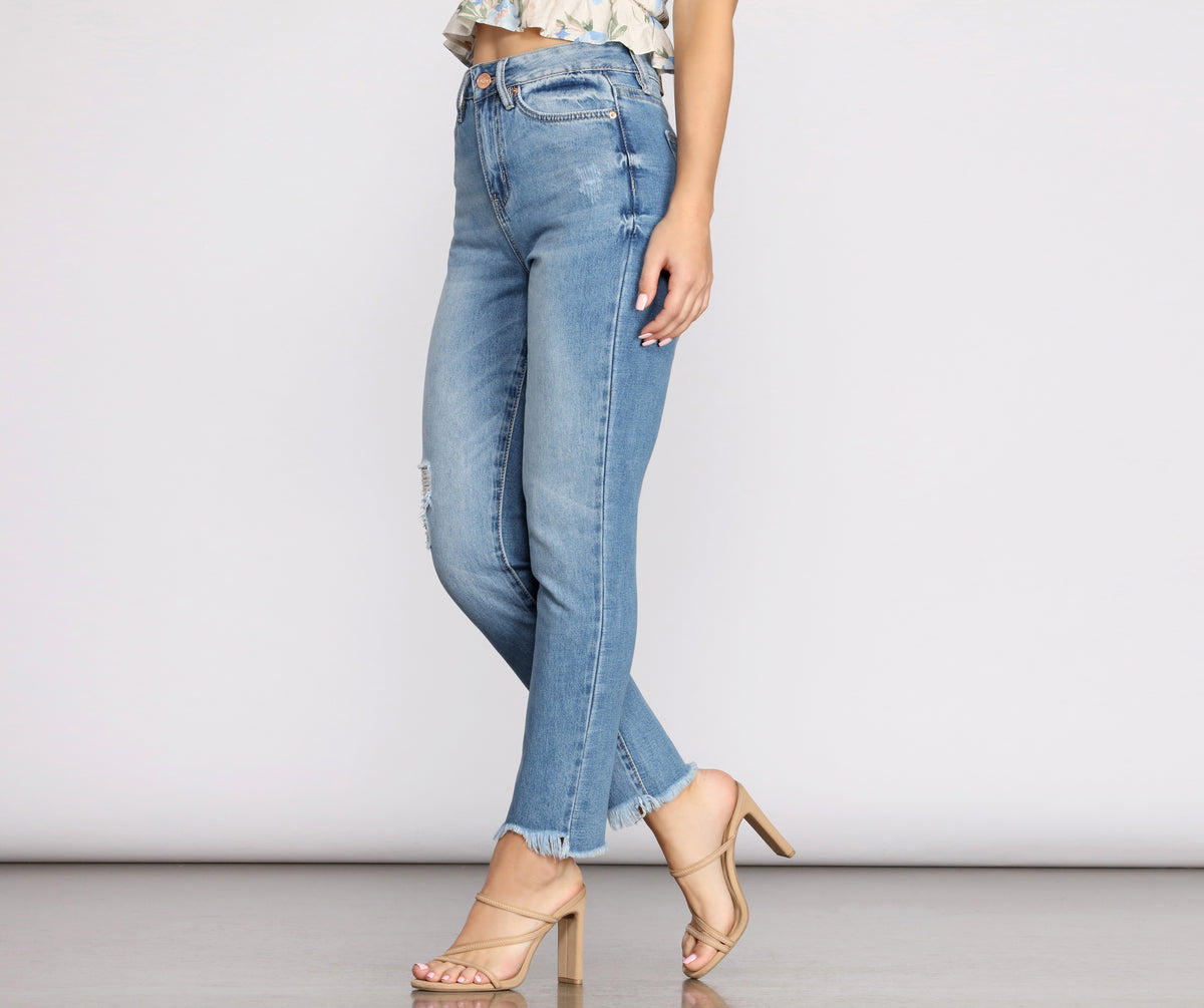 Frayed Hem Paneled Design High-Waisted Jeans