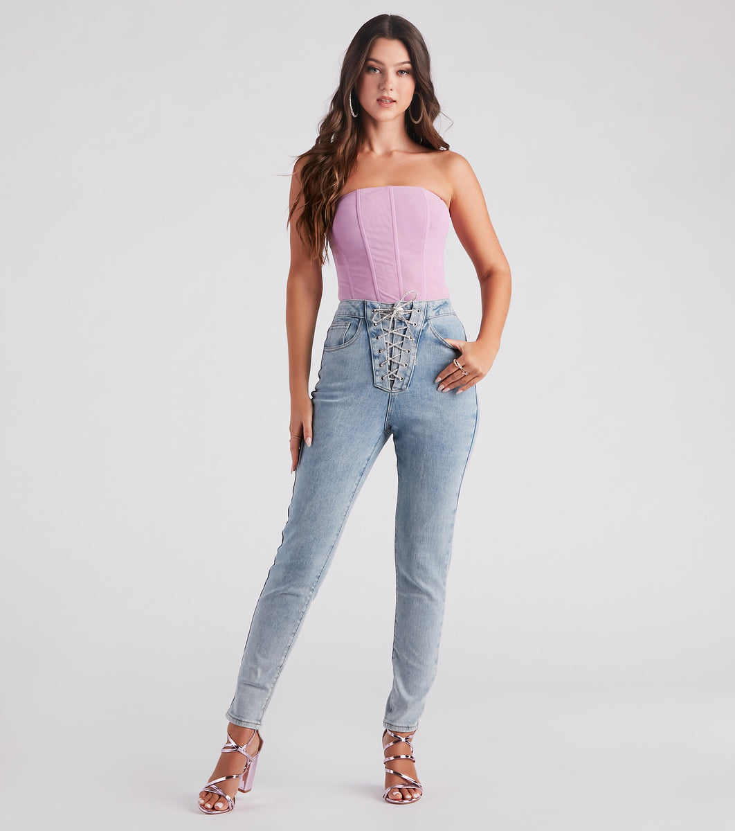 Glam Trendsetter Rhinestone Lace-up Skinny Jeans | Windsor