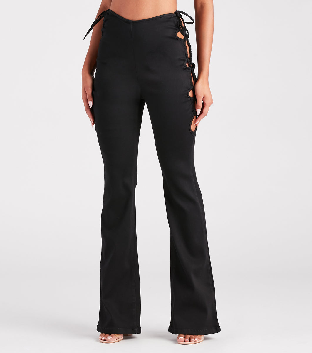 Stroll The City Mid Rise Lace-Up Flare Pants | Windsor