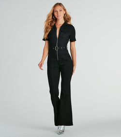 The Revamped Retro Belted Flare Denim Jumpsuit is an elevated one-piece that blends sleek sophistication with playful charm, perfect for nailing casual or formal outfits.