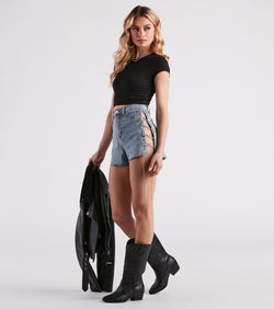 Lace Me Up High-Rise Rhinestone Denim Shorts is a fire pick to create 2023 festival outfits, concert dresses, outfits for raves, or to complete your best party outfits or clubwear!