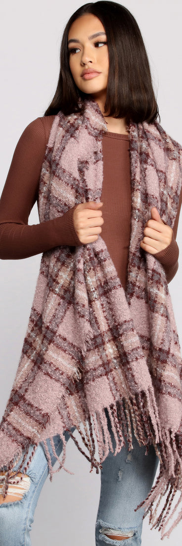 Cozy Knit Frayed Plaid Blanket Scarf