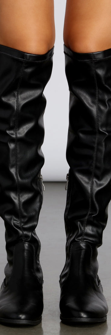 Flat Faux Leather Tall Boots for 2022 festival outfits, festival dress, outfits for raves, concert outfits, and/or club outfits