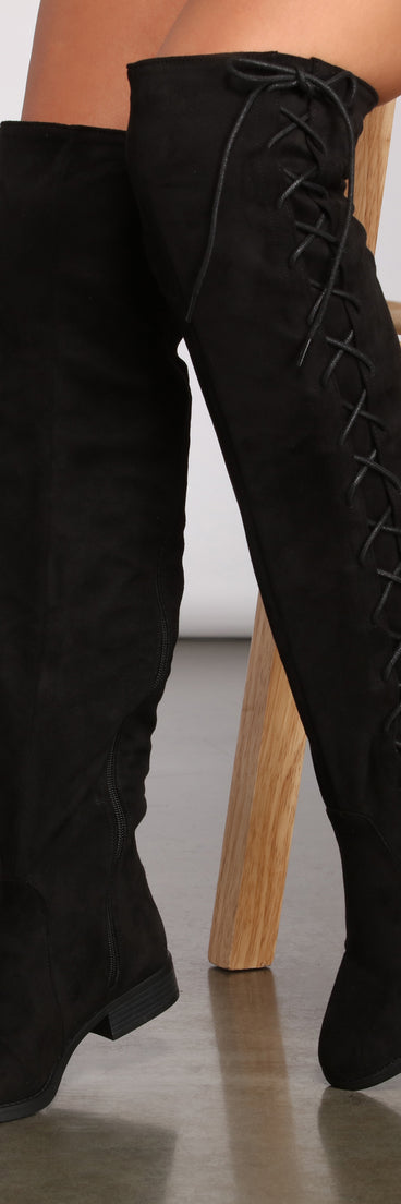 Faux Suede Lace-Up Over-The-Knee Boots is a trendy pick to create 2023 concert outfits, festival dresses, outfits for raves, or to complete your best party outfits or clubwear!