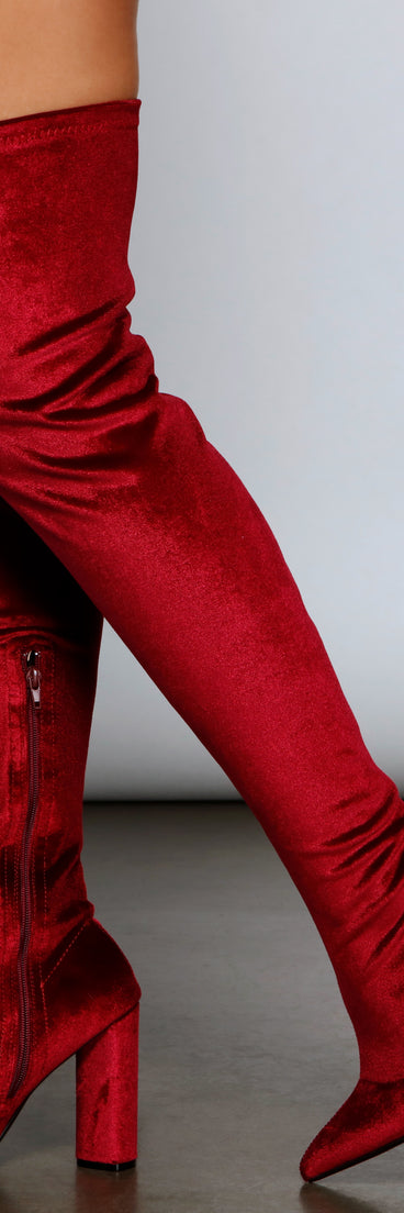Haute Velvet Over-The-Knee Boots is a trendy pick to create 2023 concert outfits, festival dresses, outfits for raves, or to complete your best party outfits or clubwear!