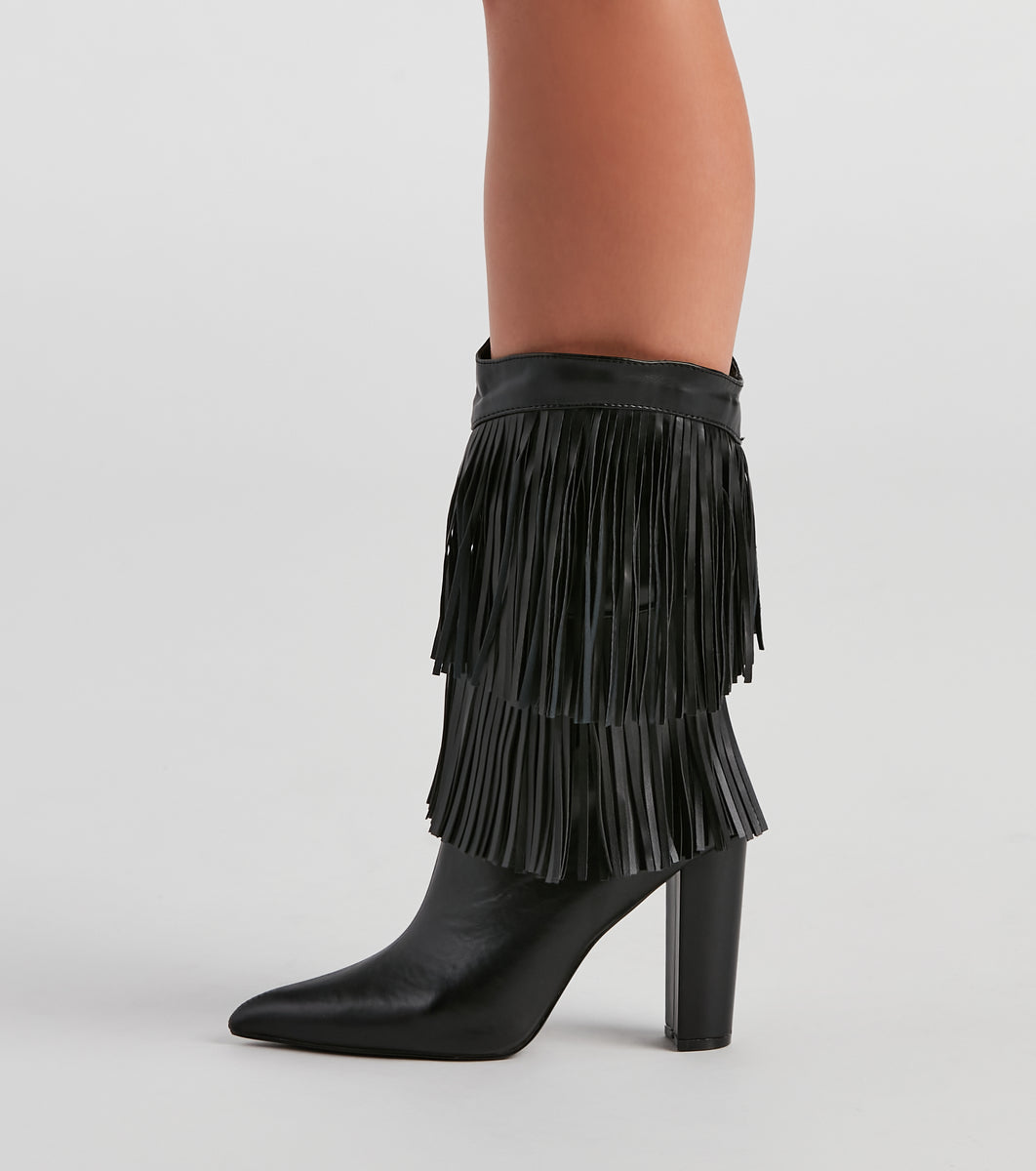 【THEAIRTOWN】Ribbon Fringe Boucle Fur Boots Line Dance Fringe Cowgirl Boots | Windsor