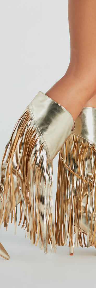 Shaking It Faux Leather Metallic Fringe Boots is a fire pick to create a concert outfit, 2024 festival looks, outfits for raves, or to complete your best party outfits or clubwear!