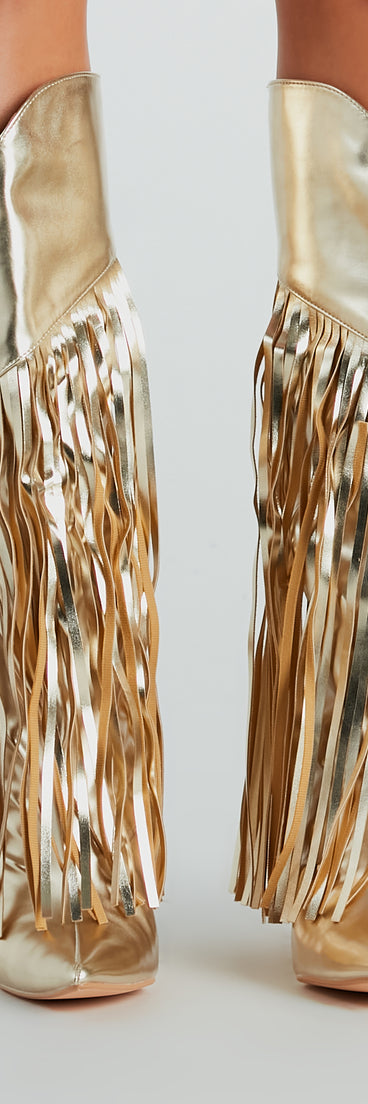 Shaking It Faux Leather Metallic Fringe Boots is a fire pick to create a concert outfit, 2024 festival looks, outfits for raves, or to complete your best party outfits or clubwear!