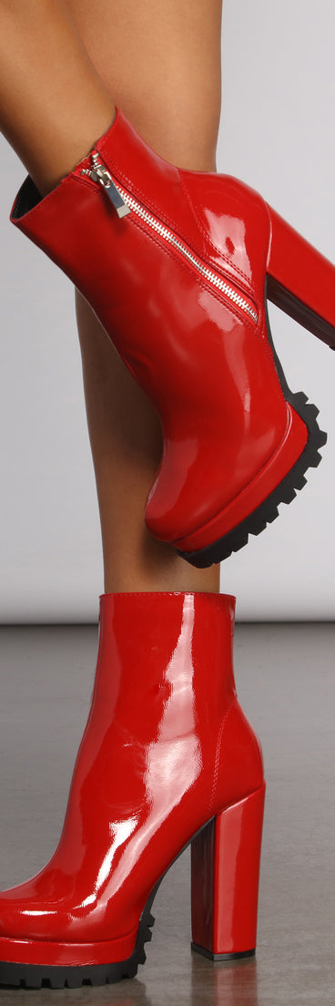 Red Hot Faux Patent Leather Lug Booties are chic ladies' shoes to complete your best 2023 outfits. They come in a variety of trendy women's shoe styles like platforms and dressy low-heels, & are available in wide widths for better comfort.