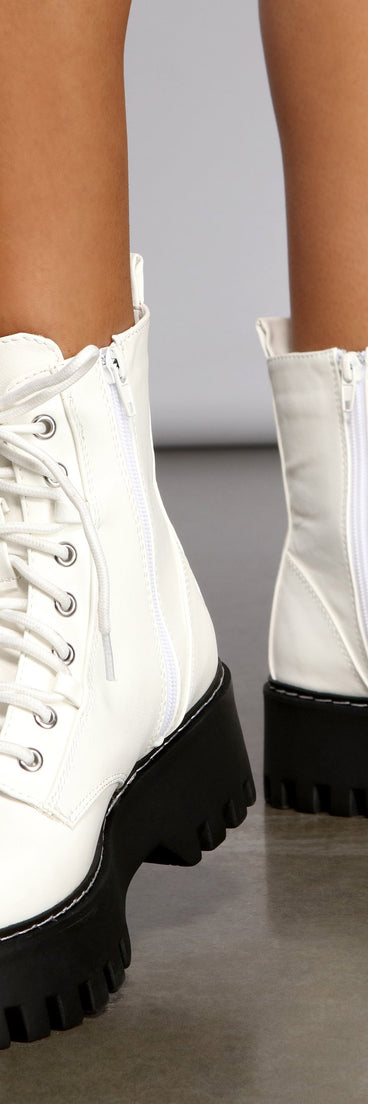 Add Some Edge Faux Leather Combat Boots is a trendy pick to create 2023 concert outfits, festival dresses, outfits for raves, or to complete your best party outfits or clubwear!