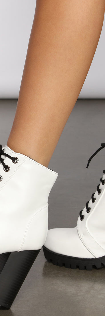 Faux Leather Lace Up Lug Booties is a trendy pick to create 2023 concert outfits, festival dresses, outfits for raves, or to complete your best party outfits or clubwear!