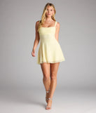 A stunning pick for an engagement photoshoot outfit or autumn wedding guest dress, this fall formal dress showcases the Ailani Lace-Up Beaded Skater Dress in yellow with a graceful silhouette that captures the moment.