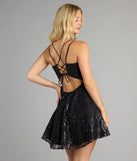 Style your seasonal looks with the Linda Lace-Up Glitter Sequin Skater Party Dress, a trend-right, fall dress designed for any plan on your calendar with new and unqiue details.