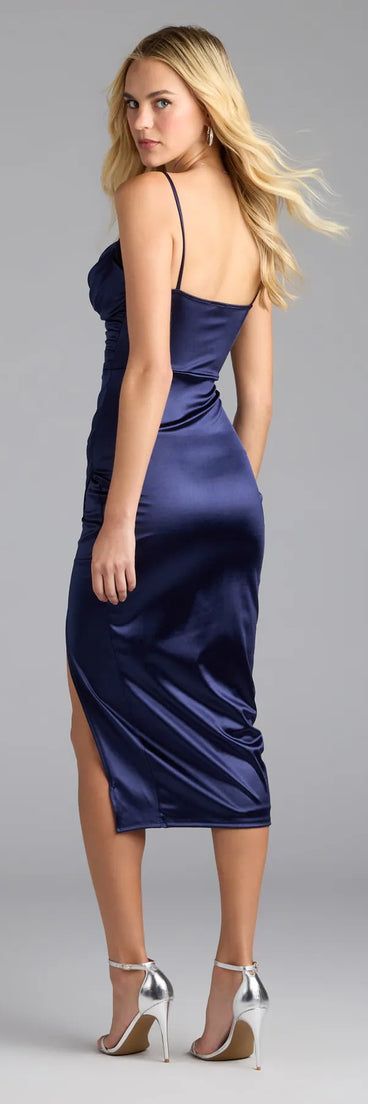 Own the spotlight in the Sabina Sweetheart Bodycon Satin Midi Formal Dress, a navy blue formal dress crafted to deliver luxe style for summer weddings, Army Balls, or any special event.