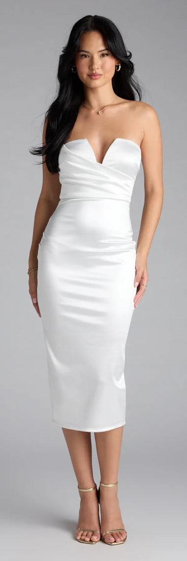 Own the spotlight in the Krissy Satin Bodycon Formal Midi Dress, a white formal dress crafted to deliver luxe style for autumn weddings, Military Balls, or any special event.
