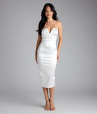 Own the spotlight in the Krissy Satin Bodycon Formal Midi Dress, a white formal dress crafted to deliver luxe style for summer weddings, Army Balls, or any special event.