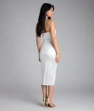Own the spotlight in the Krissy Satin Bodycon Formal Midi Dress, a white formal dress crafted to deliver luxe style for summer weddings, Army Balls, or any special event.