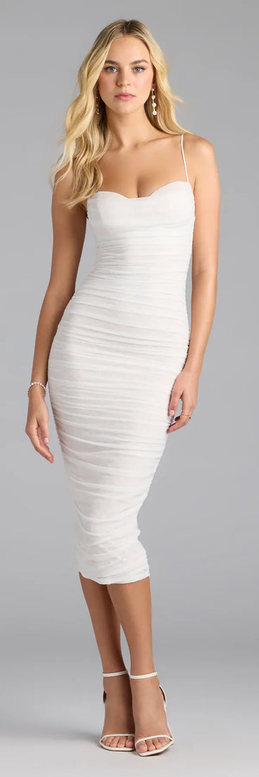 Own the spotlight in the Ava Cowl Neck Bodycon Mesh Lace Midi Formal Dress, a white formal dress crafted to deliver luxe style for autumn weddings, Military Balls, or any special event.