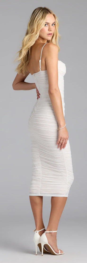 The Ava Cowl Neck Bodycon Mesh Lace Midi Formal Dress in white features a flattering fit and mid-calf hem, redefining effortless midi dresses for any occasion.