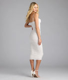 Own the spotlight in the Ava Cowl Neck Bodycon Mesh Lace Midi Formal Dress, a white formal dress crafted to deliver luxe style for summer weddings, Army Balls, or any special event.